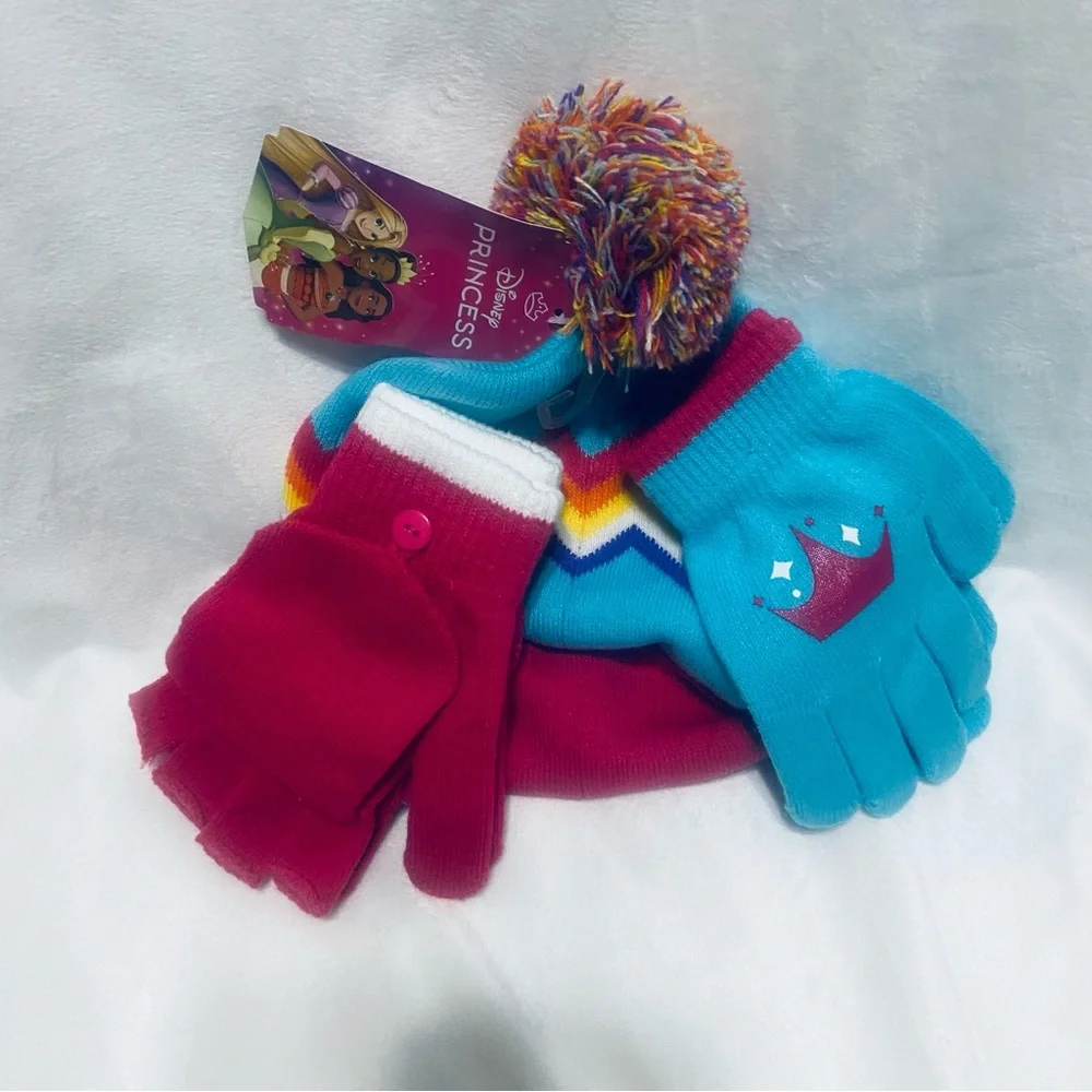 Girls Colorful Princess Winter Hat and Gloves Set